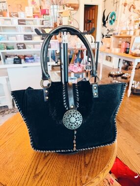 Vintage Nicole Lee Suede Rabbit Fur Trim Tote Western Boho Large Handbag